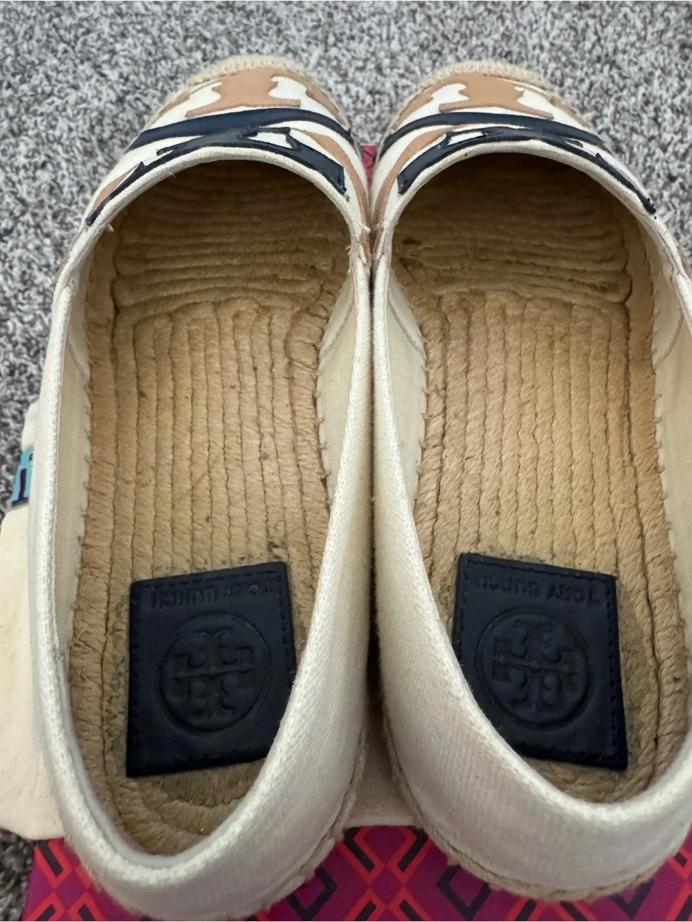 Tory Burch Cream Canvas Espadrilles with Tan and Black Logo
